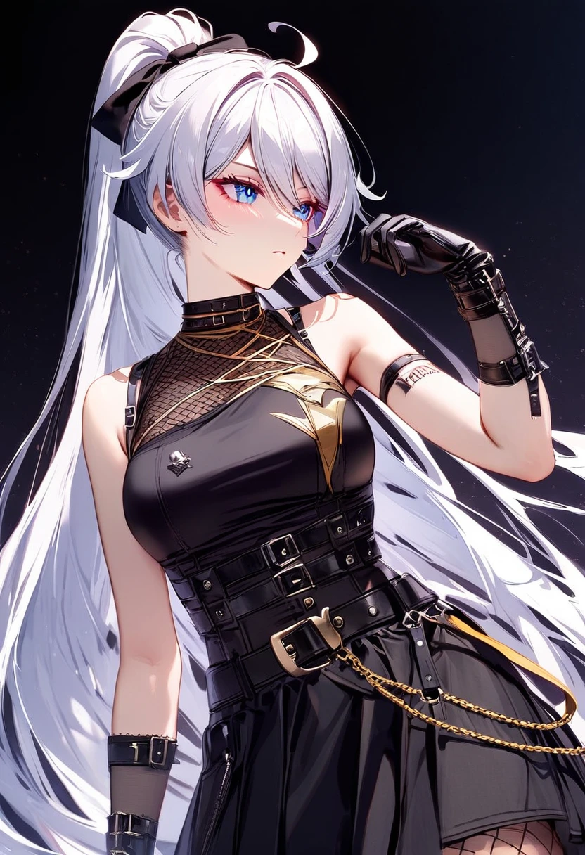 ultra HD, high-resolution, detailed, (highly detailed:1.5), (sharp focus:1.4), (crisp edges:1.3), 1girl, looking ahead, kiana kaslana \(honkai impact 3rd\), herrscher of finality, white hair, ahoge, ponytail, very long hair, blue eyes, (military-inspired black tunic:1.6), (golden trim details:1.5), (waist belt with geometric pattern:1.4), (sleeveless:1.4), (mesh underlayer:1.5), (arm-length gloves:1.4), (asymmetrical design:1.4), (minimalistic accessories:1.4), (punk aesthetic:1.3), (high fashion streetwear:1.4), (dark background:1.4)