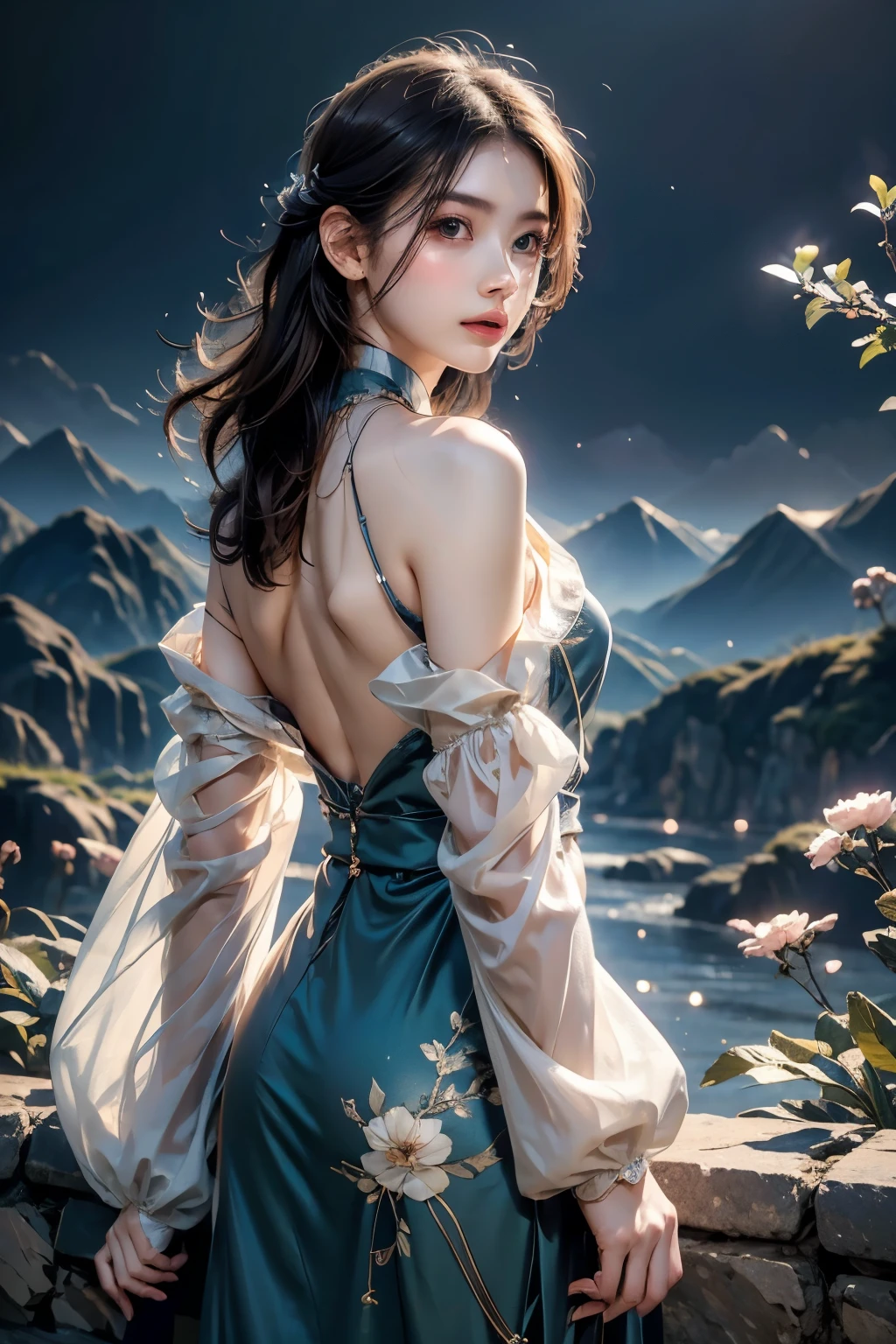 masterpiece, Best Quality, One girl, Alone, Guizhong City_Genshin Impact, default_dress, From behind, Starry sky print, The sleeves reach up to the wrists、Look back、Detailed face、Detailed faceの造り、Super beautiful face、Super beautiful girl、Cute face、Realistic Face