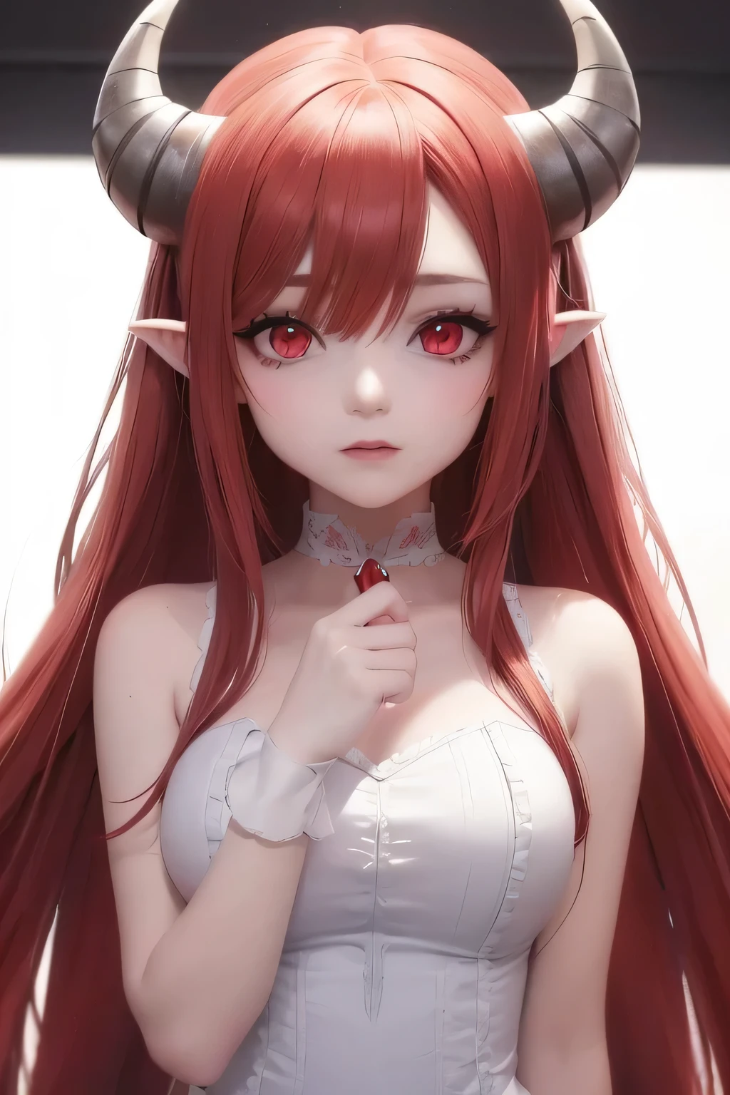 anime girl with red eyes and horns in a white dress, demon anime girl, mika kurai demon, demon girl, with horns, portrait of demon girl, made with anime painter studio, horns and red eyes, cute horns, anime moe artstyle, rias gremory, in an anime style, (anime girl), demon slayer rui fanart, anime art style