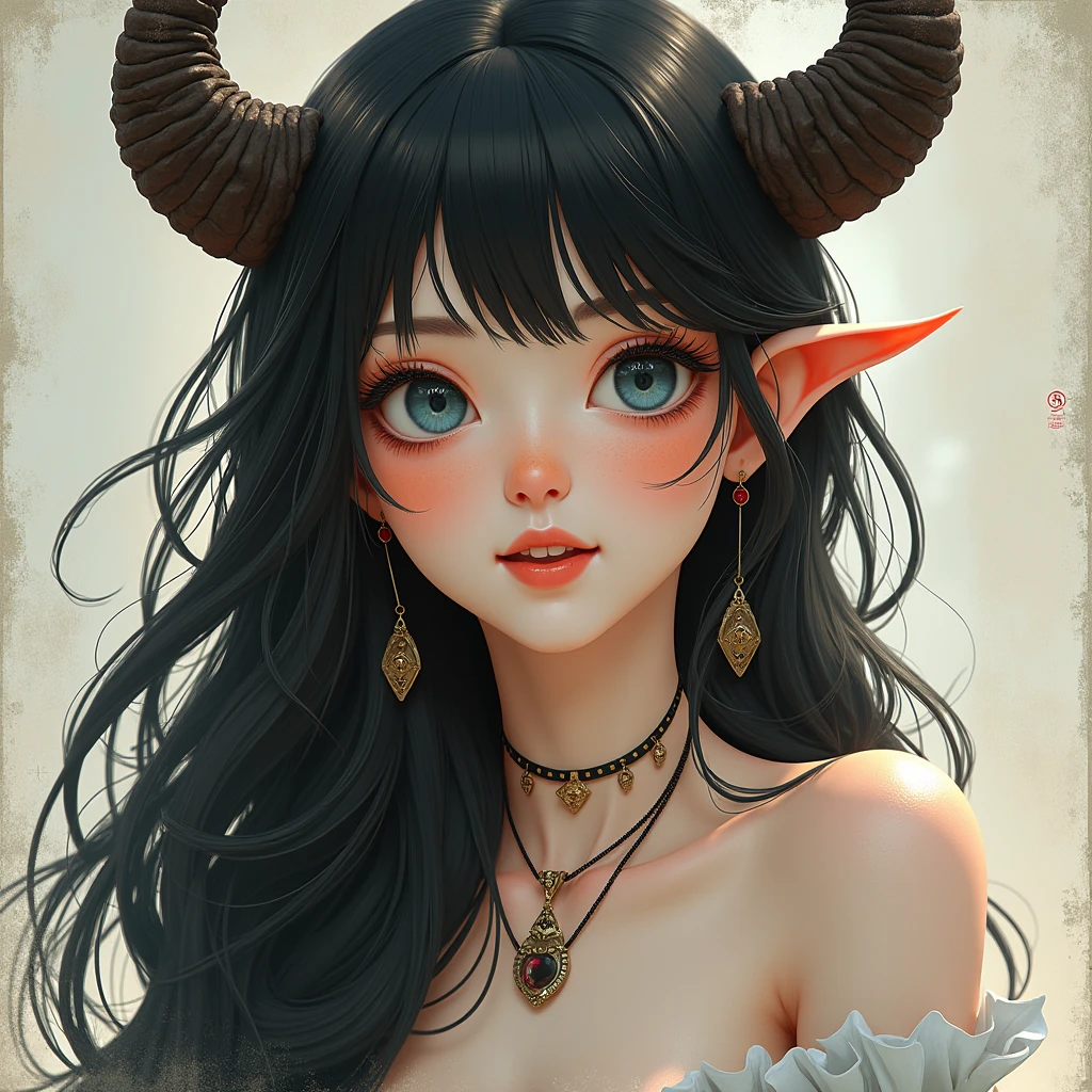 One person,pink genital tattoo,Upper Body,belly button,nude,Long Hair,, Highest quality,masterpiece,(Photorealistic),Anime-style woman, thin, thin, whole body, Full of tattoos, Lots of earrings, Beautiful and shiny hair, Rainbow Eyes, Slanted Eyes, Wavy silver hair, Kind and charming, shoulderを露出させる, Delicate and sexy collarbone, Attractive oval face, double eyelid, Pink Lips, Small Nose, Concentrated face, Ultra-high resolution, Very detailed, Graceful posture, Nice, ultra-thin,whole body，arm，shoulder，chest，Body paint with tattoos on the genitals, Glowing Skin, Realistic Background, sunlight，Sunburned, Sunburn，Gravure idol pose, Shen、Horns on the head、devil