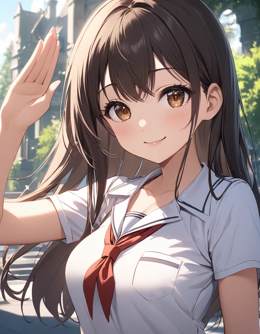 4k, bestquality, detailed, detailed scenery, detailed eyes, 1Girl, cute, adorable, straight hair, long hair, black hair, brown eyes, cleavage, smiling, looking at the camera, standing, (military salute:1.2), (one hand up:1.8), (at living:1.5), upper body,  (school uniform:1.3), Short sleeve Polo shirt, mini skirt