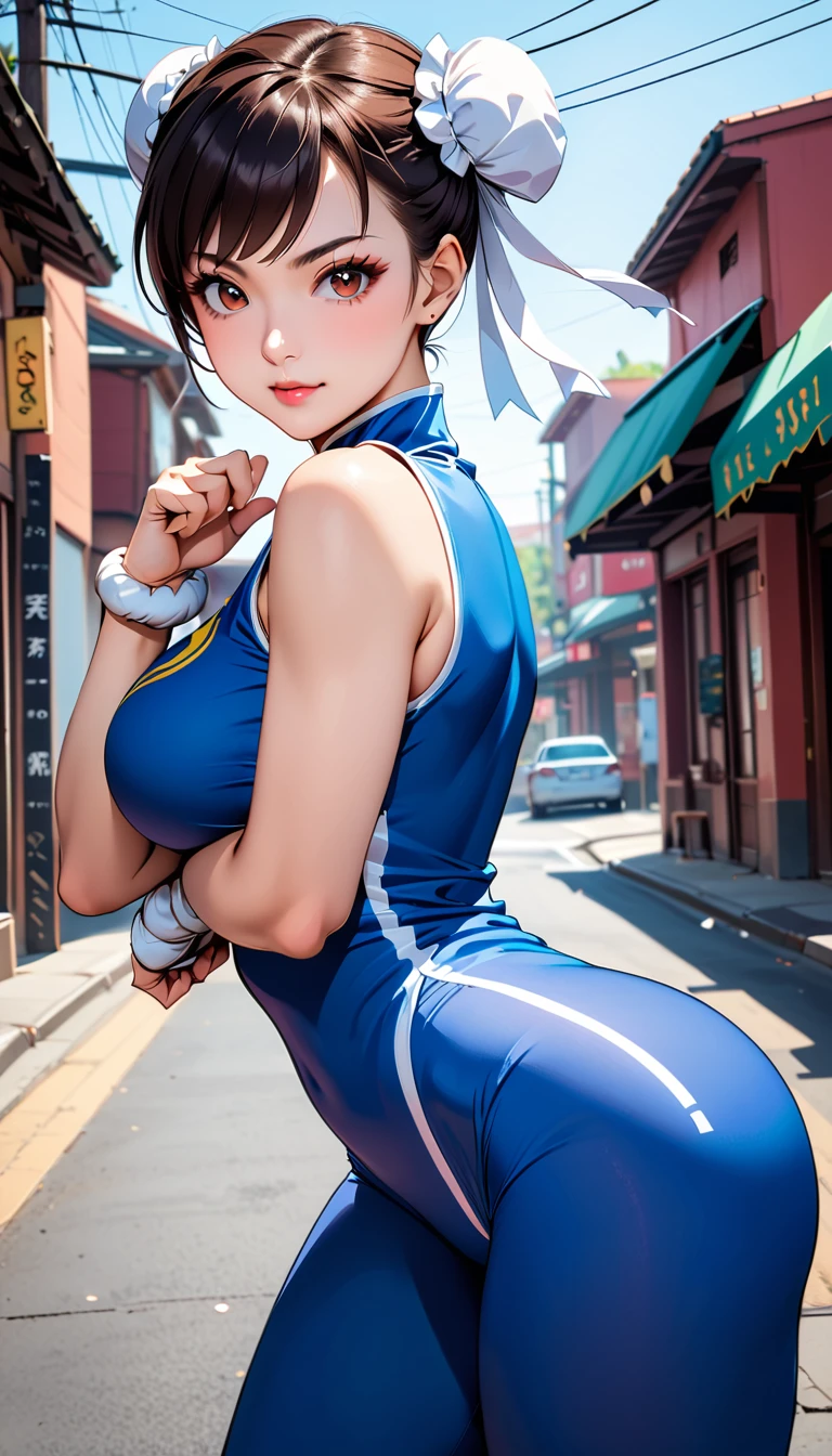 score_9, score_8_up, score_7_up, BREAK, score_9, 1girl, chun-li,street fighter, black hair, brown eyes, eyelashes, short hair, breasts, looking at viewer, standing pose, lips, blue bodysuit, blue leotard, blue vest, sleeveless, cowboy shot