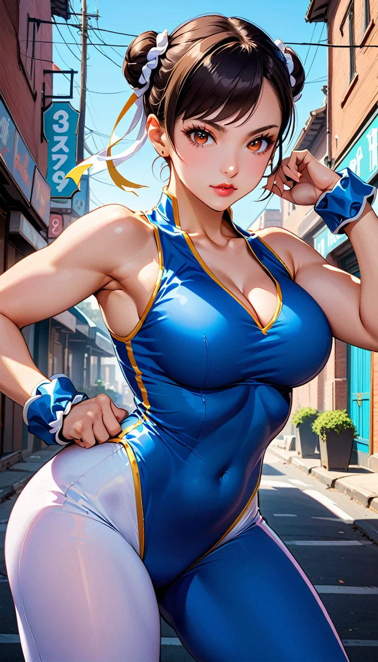 score_9, score_8_up, score_7_up, BREAK, score_9, 1girl, chun-li,street fighter, black hair, brown eyes, eyelashes, short hair, breasts, looking at viewer, standing pose, lips, blue bodysuit, blue leotard, blue vest, sleeveless, cowboy shot