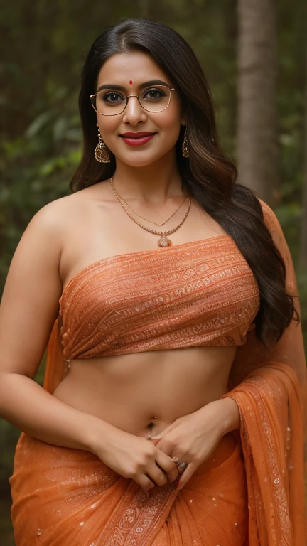 extreme close up photo of naked indian, NSFW,big cheeks, hourglass figure, curvy, standing in forest, red lips, nerd glasses,big , necklace, sluty,  transparent only saree, no blouse,no bra, struggling to cover her  with saree,look at viewer and subtle smile, (cinematic:1.3), intricate details, (ArtStation:1.2)nsfw