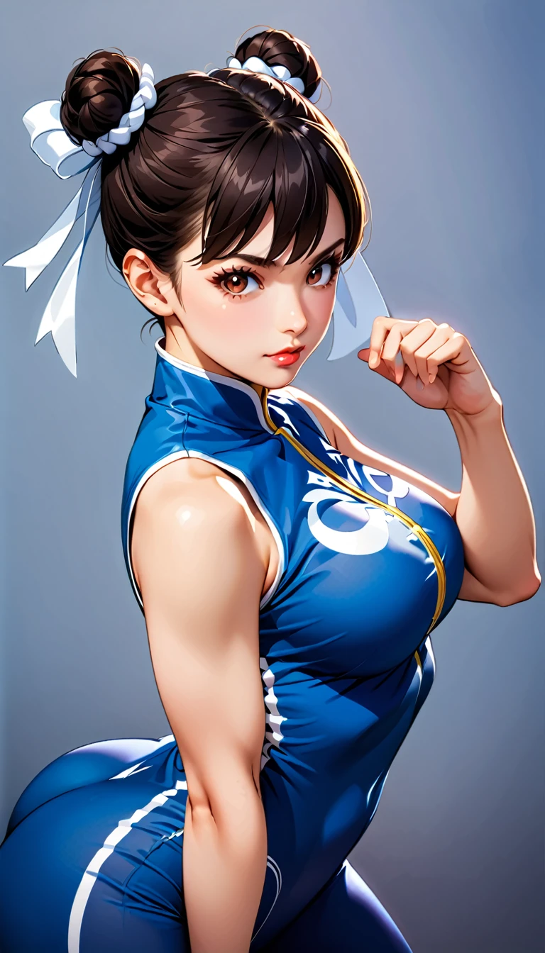 score_9, score_8_up, score_7_up, BREAK, score_9, 1girl, chun-li,street fighter, black hair, brown eyes, eyelashes, short hair, breasts, looking at viewer, standing pose, lips, blue bodysuit, blue leotard, blue vest, sleeveless, cowboy shot