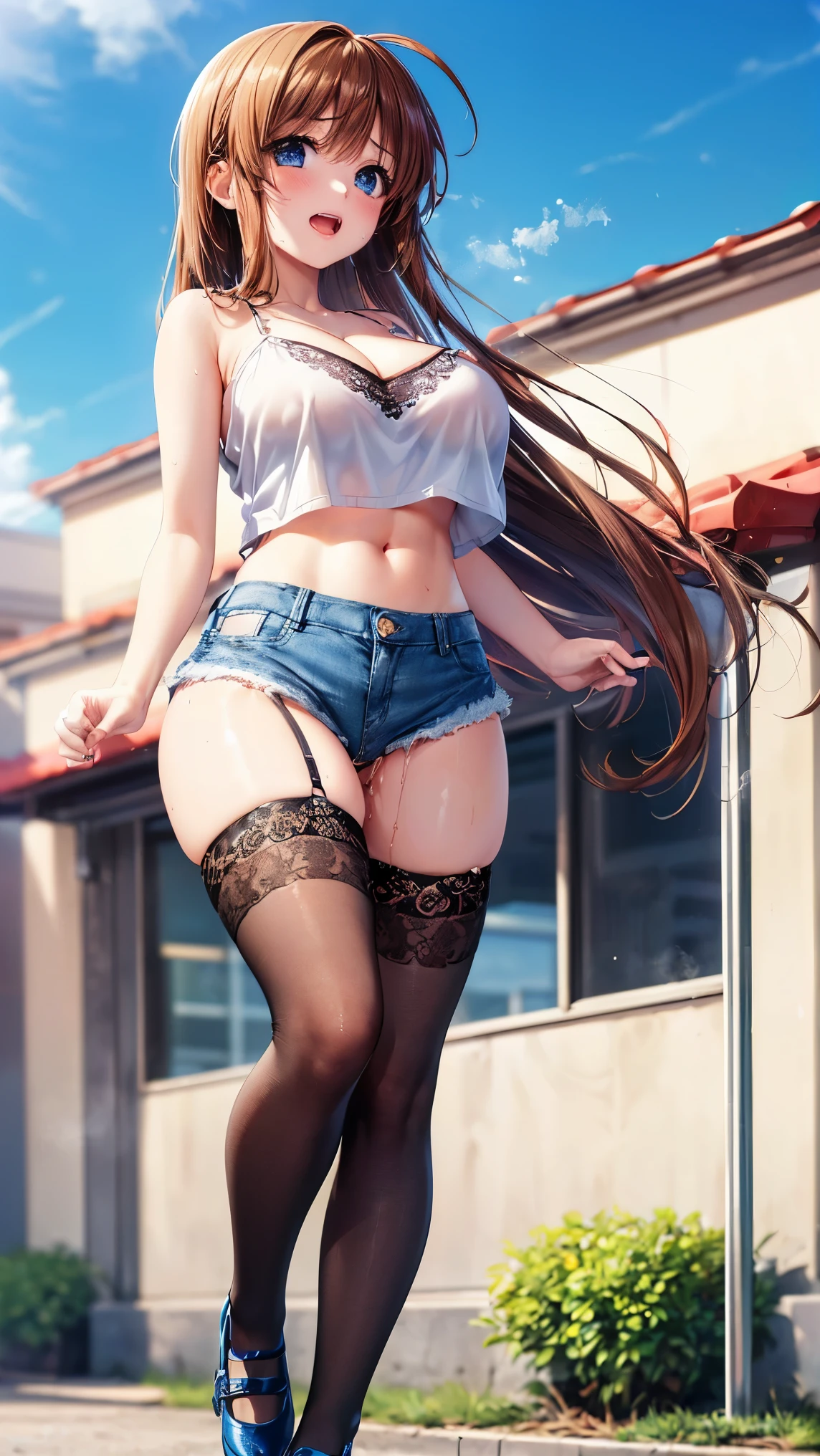 best quality,1girl,((big breasts:1.5)),((orgasm,blush,sweat,steam)),tongue out,ahegao, nanoha takamachi, takamachi nanoha, brown hair, long hair, ((straight hair:1.5)), blue eyes, ((camisole, bare shoulders, cleavage, crop top, cutoffs, denim shorts, midriff, short shorts, spaghetti strap, lace legwear,pussy juice,mary janes:1.3)),walking,garden,see through,erect nipples
