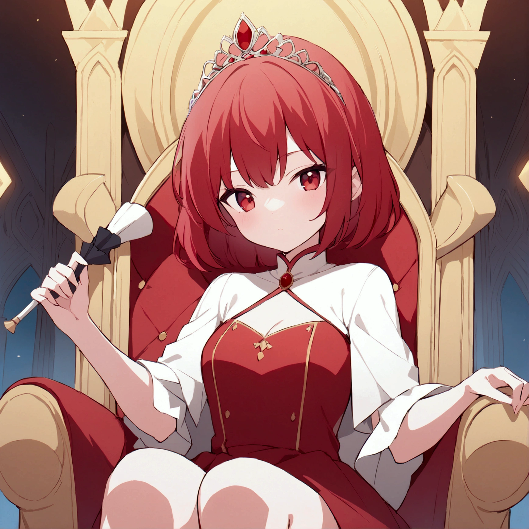 anime girl [2:3] sitting on the throne, with a madras yellow text "SORA" at top , wearing red  and white pincess attire, and wearing tiara", in a kingdom background, short red hair, red eyes, with closed umbrella on her hand