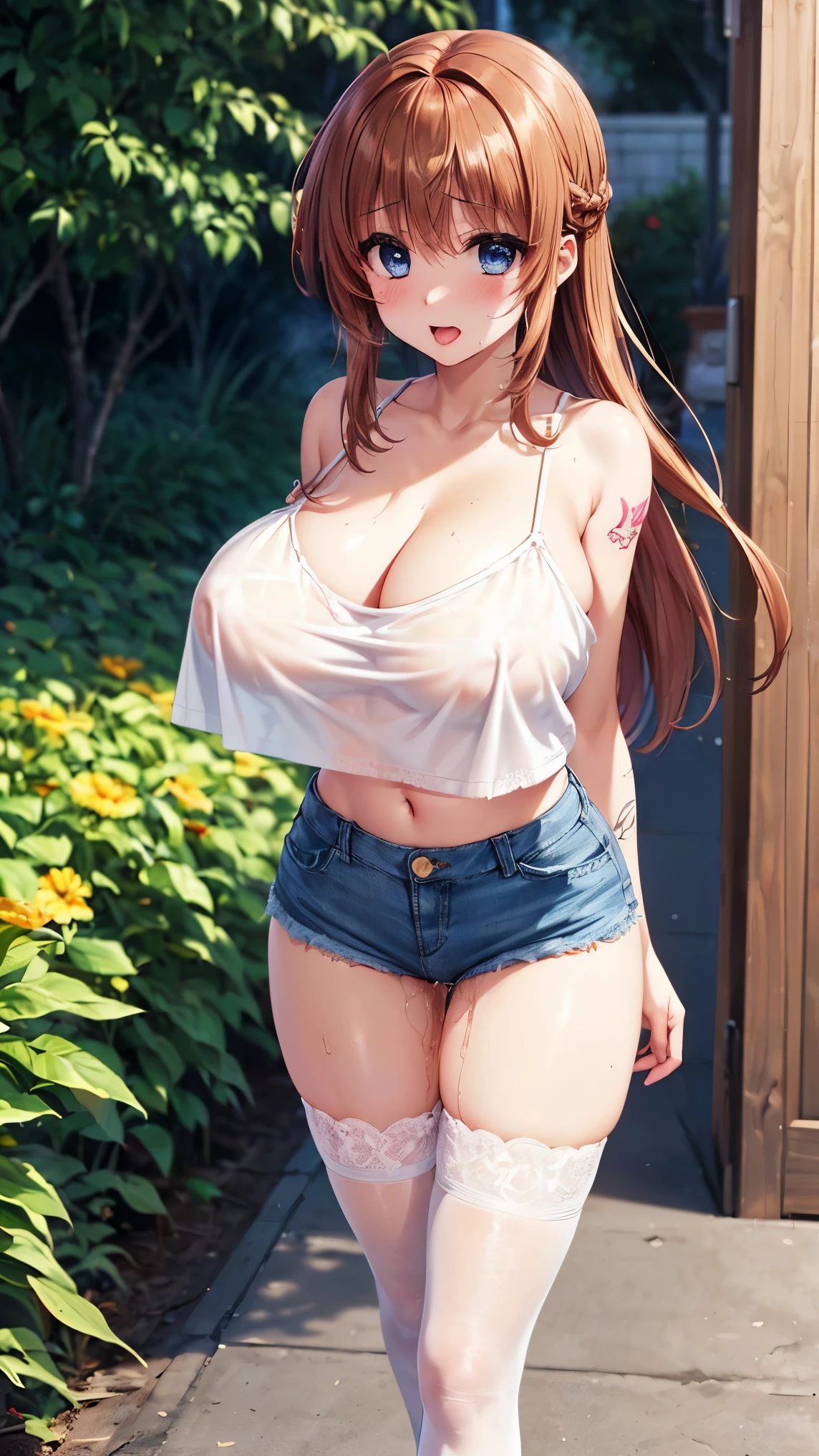 best quality,1girl,((big breasts:1.5)),((orgasm,blush,sweat,steam)),tongue out,ahegao, nanoha takamachi, takamachi nanoha, brown hair, long hair, ((straight hair:1.5)), blue eyes, ((camisole, bare shoulders, cleavage, crop top, cutoffs, denim shorts, midriff, short shorts, spaghetti strap, lace legwear,pussy juice:1.3)),mary janes,walking,garden,see through,erect nipples,pubic tattoo / crotch tattoo,glowing tattoo
