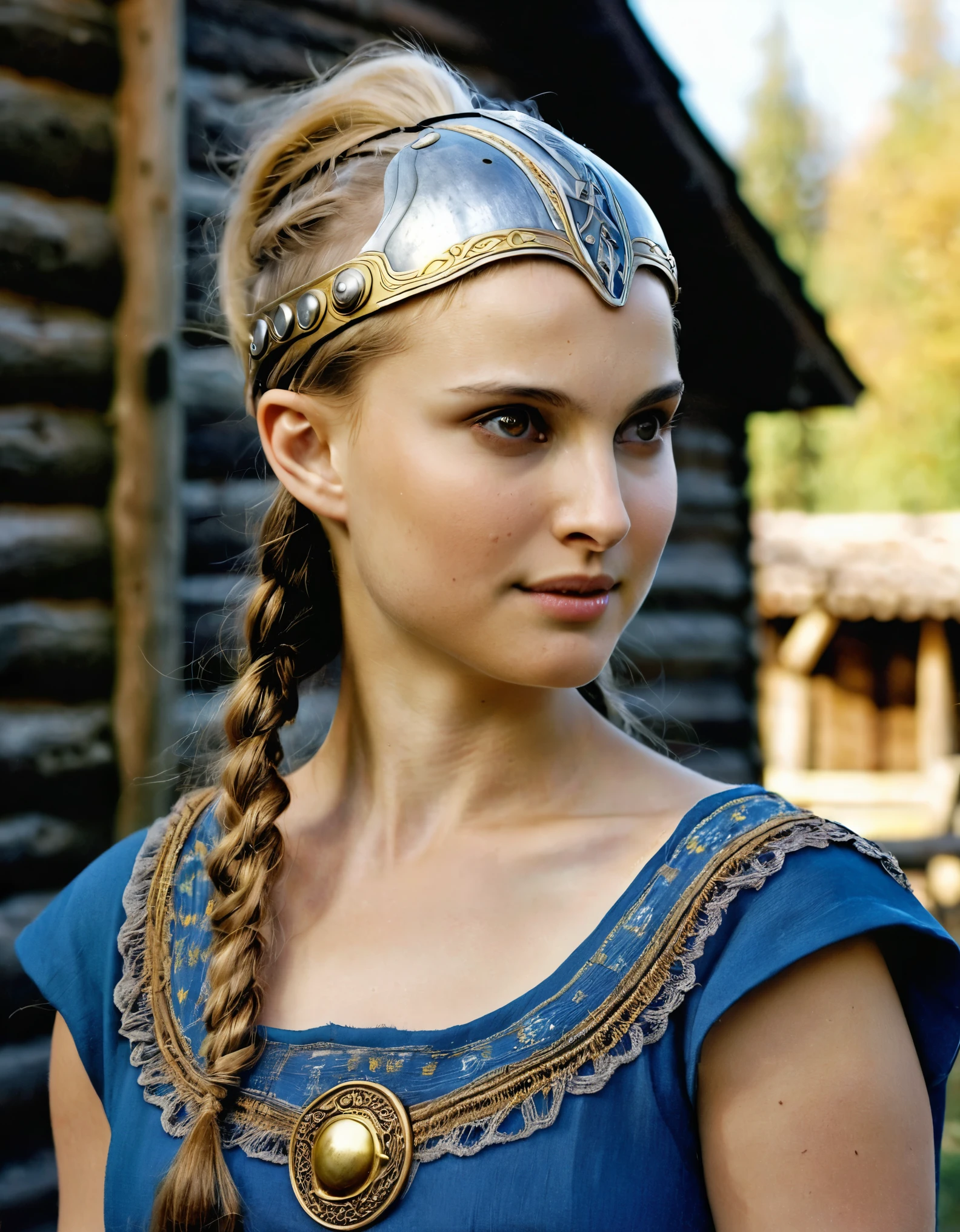 Side view, Viking girl, century, looking at viewer, Sweden Young girl, beautiful female, Natalie Portman, (Highly detailed face, Ordinary eyes, Blue eye, gold hair, Variegated eyes, Fuller lips, little Lips, little smile), (Middle breasts, Slender Whist, Middle Hip) ,(Viking costume, clothes, Viking helmet), standing pose, near log house, evening, (masterpiece, highest quality, High resolution, Photo realistic, sharp, RAW Photos, wallpaper, perfection, Professional Lighting, Very detailed)
