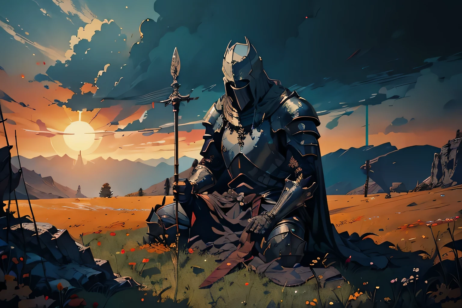 In the painting, the knight is the central figure, draped in shining armor that catches the soft, golden light of the setting sun. His posture is proud yet weary, as if the weight of his duty and the miles he has traveled are etched into the slouch of his shoulders. His steel armor, though polished, bears subtle scratches and dents—marks of battles fought. The armor gleams against the backdrop of a sprawling, mist-covered valley. To his side, the knight’s sword hangs heavy in its scabbard, the hilt worn from use. His cape, a deep crimson, flutters gently in the breeze, torn slightly at the edges. There are no banners or emblems of his lord; he rides alone, on a journey that seems endless. His face, half-obscured by his helmet, reveals just enough to show a somber expression—a reflection of silent determination and perhaps the burden of an unspoken quest.

In the foreground, wildflowers bloom by the roadside, their colors muted in the twilight, and the land stretches out, untouched and vast, conveying a sense of isolation. The knight's journey is both physical and spiritual, a solitary pilgrimage through an untamed world.