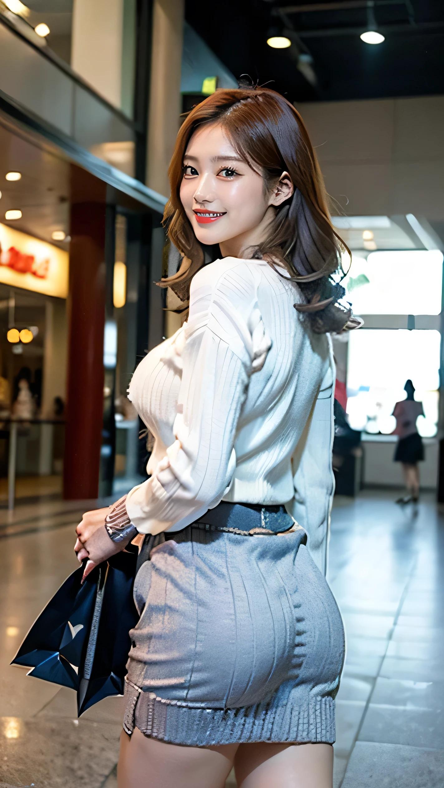(Best Quality、Very detailed、High resolution illustrations、Ultra-high-definition CG、caustic、Improve skin quality、reality、masterpiece:1.2、Attention to detail、Physical Beauty: 1.4 , Very detailed face and skin texture, Beautiful Eyes, Double eyelids、8k、35mm lens、reality: 1.37、Brighten the screen, Beautiful eyes,((Eyeshadow:1.3)),Huge breasts:0.8,Red lips:1.3),(Cute Japanese),Female college student,167cm,((Medium Hair:1.3)),(shopping mall、shopping Centre:1.5),((Knitted sweater,skirt:1.5)),((smile:1.5)),Walking:1.5,backtrack, Back shot