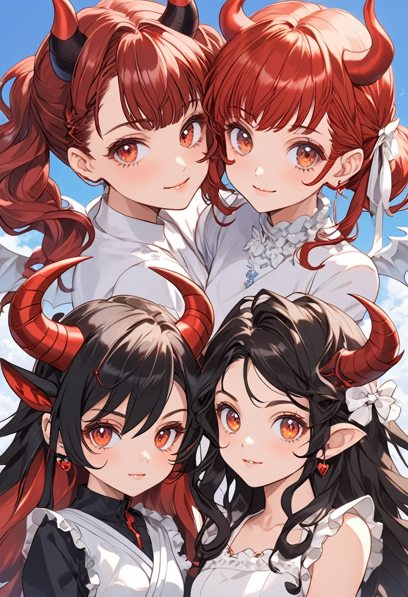 Details, ultra-detailliert, masterpiece, top-quality, Beautiful fece, A detailed eye, (3 women:1.4), Three Succubi (symmetrical succubus wings), (triplets:1.2), (ribbon:1.1), (two side up), tie, Bree, earrings, Suspicious face, (white background:1.3), alicious smile, Bruises and ugly facial features, young features, long-sleeve, fluffy sleeves, fluffy hair, (Open your mouth and laugh), Chiquita, Colossal tits, (Put your hands on your face), Ruffled uniforms, hair clips, (Ridicule:1.1), looking-down, Angle from behind, respected by women, (upward looking gaze:1.2), (hearts symbol:1.5), (lump of heart:1.5), (heart effect:1.5), (heart mark:1.5), demon tail, Devil's Taiuccubus, (super Colossal tits:1.3), (heart tattoo:1.3), Yodare, Devil's Tail, Chest Alignment, Girl Sandwich face sandwich (confused and blushing,kawaii facepose your ahegao), hug each other, catch them, そしてサンドイッチを作ってサンドイッチにhug each otherポーズ, (burying boy's face in cleavage:1.2), sandwich from front and back, Sullen expression 4p, boy looking away
