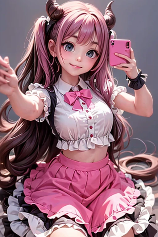 a Demon girl smiling sitting on the floor, taking a picture of herself, frilly skirt, collared crop shirt, attractive pose, cute elegant pose, dynamic low angle shot