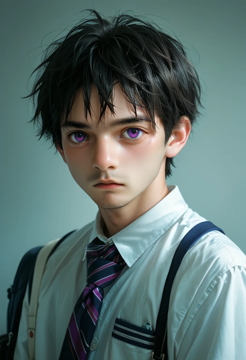 Young man in school uniform, with purple eyes and dark black hair, studied seriously.