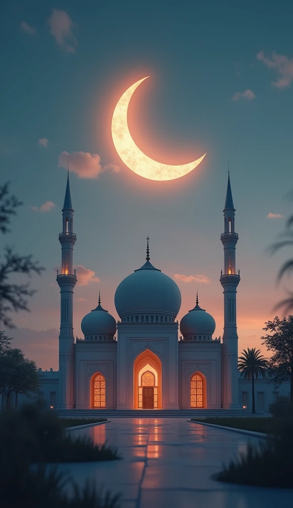 Golden Mosque and Crescent Moon: A golden mosque under a crescent moon, surrounded by stars. The words "Allah par Bharosa aur Imaan" glowing above, signifying unwavering faith in Allah.