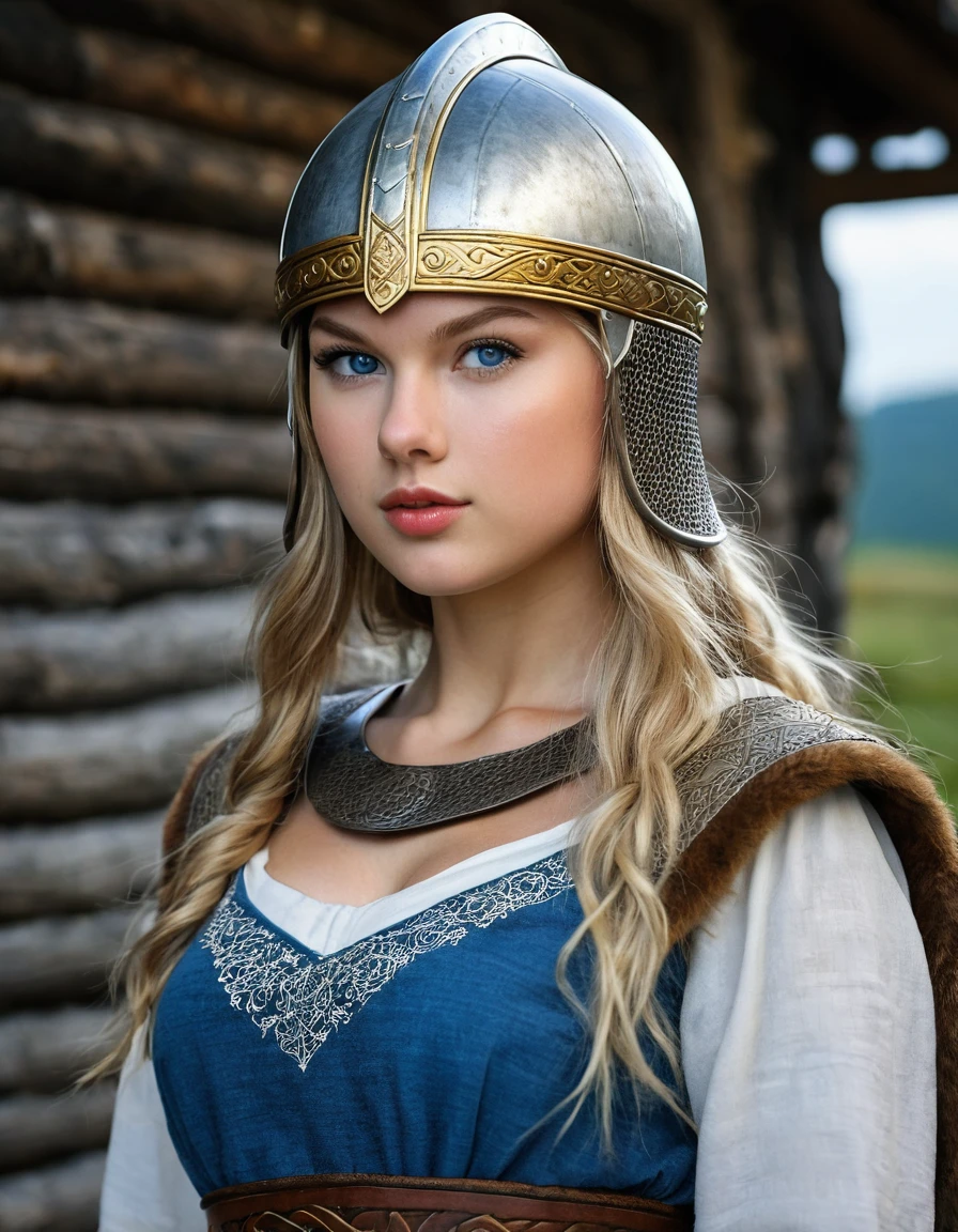 delicate, poudre de contour, en armure viking (Metal armor, parements en cuirs et en fourrure), intricate details, French touch, maquillage guerrier noir sous les yeux, cheveux de longueur moyenne, cheveux blonds, bonne couverture, en plein air (village viking, scandinavie, maisons en flammes, ruines), skin details, pores de la peau, Appareil photo numérique Kodak Smile 10MP, tendance on Behance, HD.