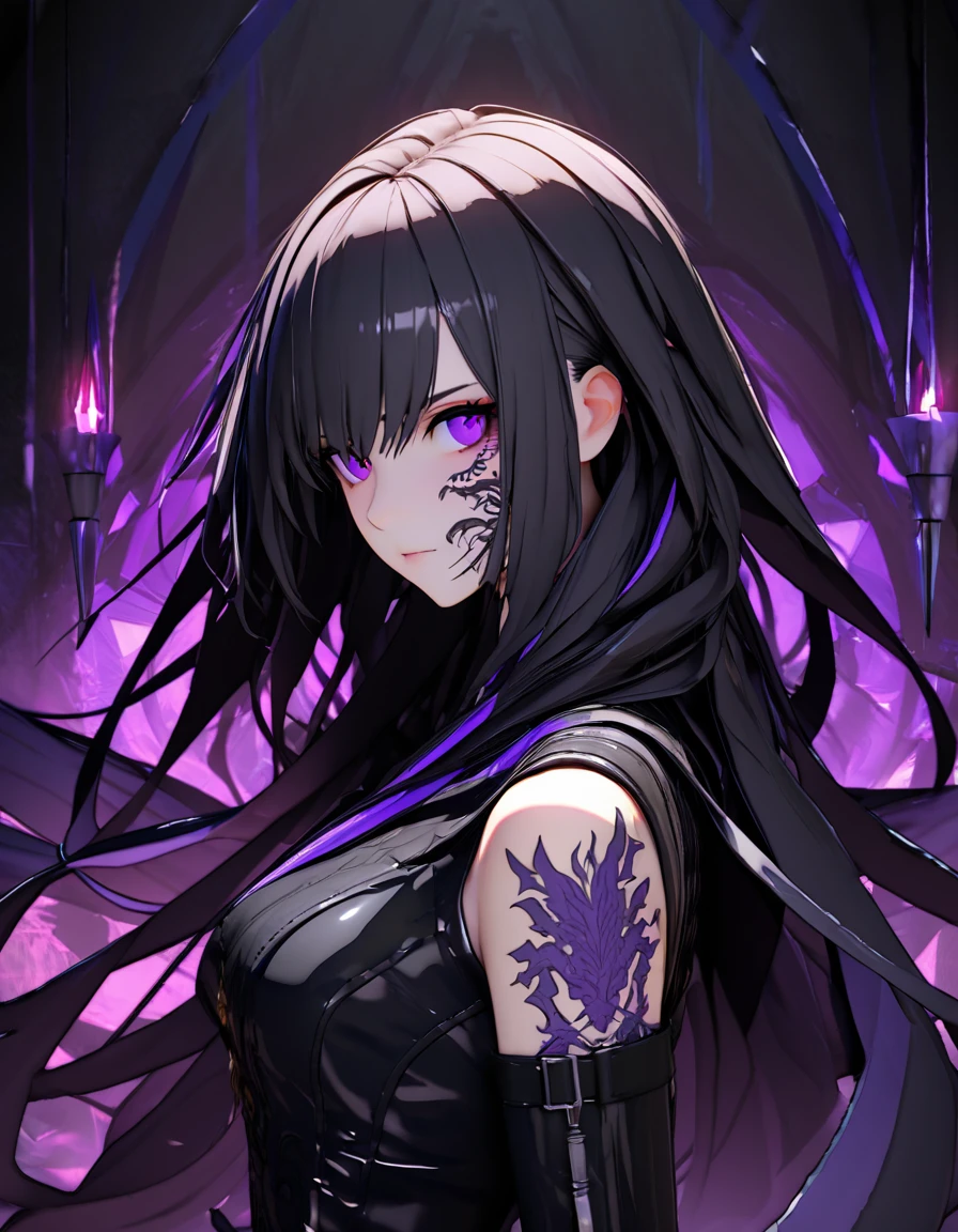 1girl,portrait, assassin, dark fantasy , long flowing hair in shades of black and purple, tribal Tattoo on the face, a sleek black leather outfit which including dragon tattoos on her arms.  dimly underground chamber, back view but slightly looking at viewer,(dynamic Light from torches), stealth atmosphere. The color palette is predominantly dark and moody, with hints of red and purple accents , depth and texture to the overall composition,(masterpieces:1.4),(best quality:1.5),(anatomy perfect),gloss:0.5,[realistic:0.5],[3d:0.3]