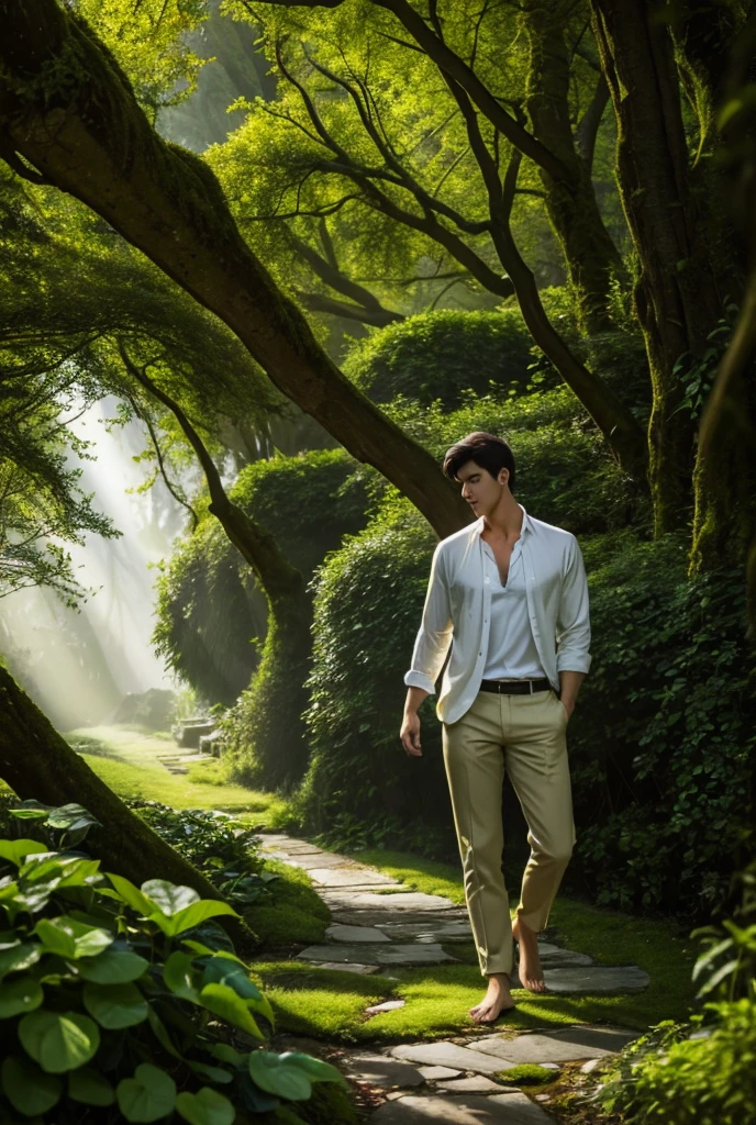 UHD, A tall, lean, handsome man with muscular build and striking green eyes standing barefoot in a fairy-tale woodland garden, his white shirt open to reveal his tanned, toned abs and chest. His dark short hair is slightly windswept, adding to his ethereal charm as he moves through the lush garden, filled with vibrant foxgloves, ferns, and trailing ivy. Sunlight filters through the canopy of tall, ancient trees, casting golden beams onto the moss-covered ground. Delicate butterflies flit around, and the air is sweet with the scent of honeysuckle and damp earth. He is near a small, bubbling brook, the soft sound of flowing water adding to the magical ambiance, his face calm and thoughtful, blending into the enchanted landscape. His presence blends with the scene creating a sense on sensuality and allure.