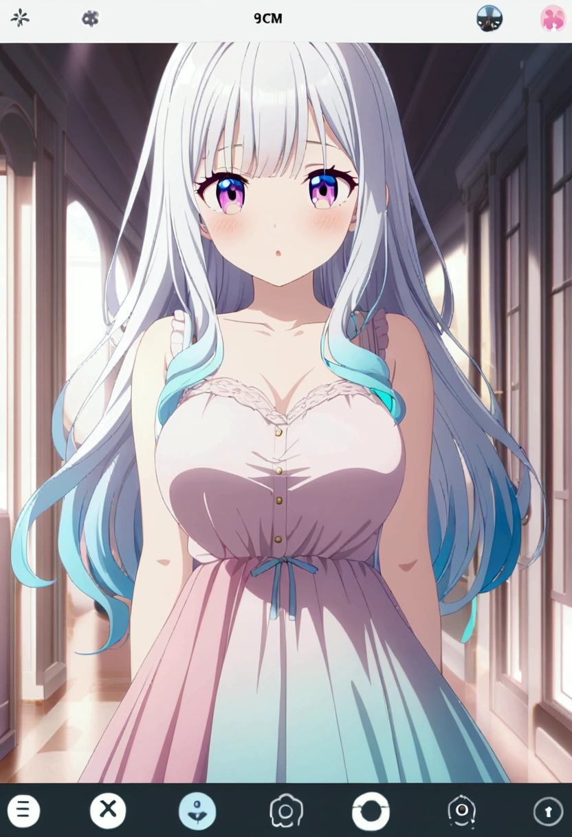 big breasts:1.5、、highest quality、very detailed、Very realistic eye masterpiece、highest quality、very detailed、gray hair、perfect face、long hair、white dress、sundress、anime、countryside、crowd、clear、thin、NSFW、from below、frills、Pussy、横from below、love juice、Pissing、Pee、sticky liquid、slender