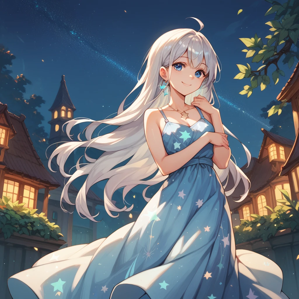 Score_9, Score_8_up, Score_7_up, One girl, Long silver hair, blue eyes, Stretch your arms out to the side, Outdoor, Night Sky, Star pattern long dress, smile,