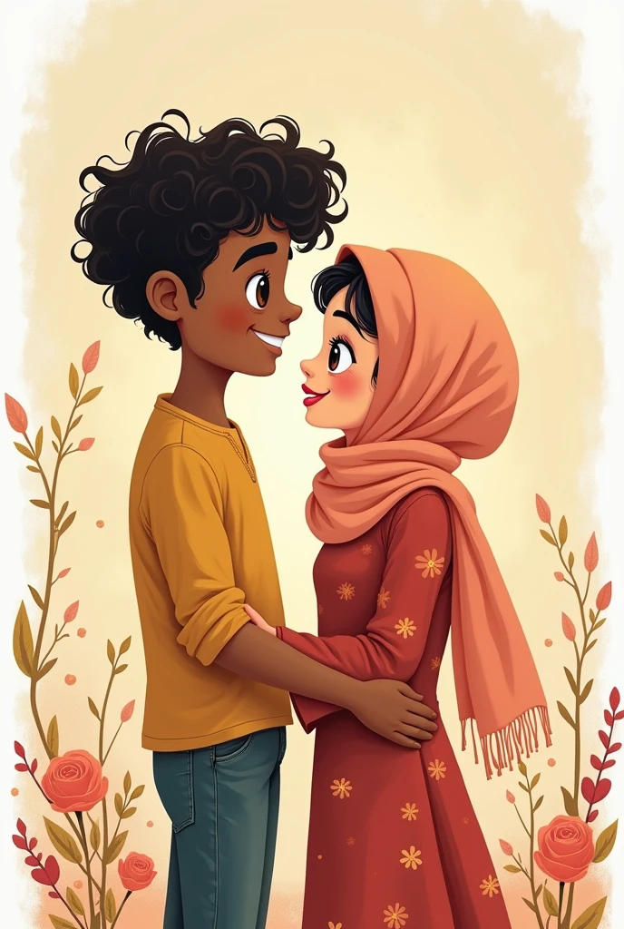 (hand drawing, outlining, flat style, vector art), 2d Drawing of a happy couple sitting next to each other in a train, funny looking black guy, curly black hair, happy fat guy with his gorgeous girlfriend, girl wearing grey hijab, beautiful girl, detailed eyes of girl, girls head on guys shoulder