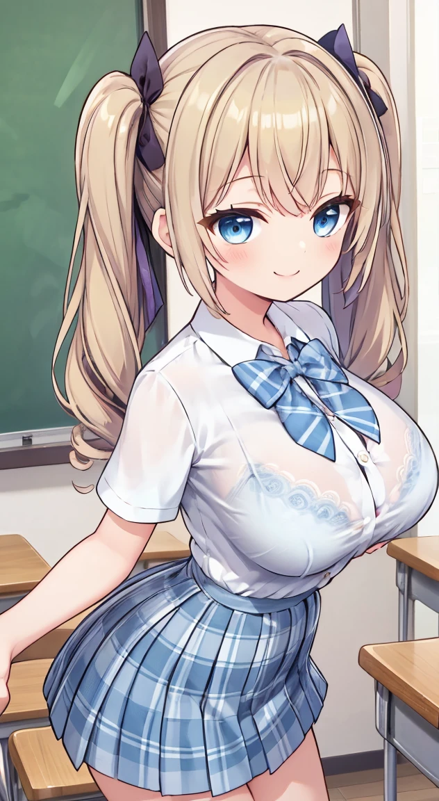 Highest quality,masterpiece,One person,Blonde,Twin tails,Schoolgirl uniform,Short sleeve,mini skirt,Large Breasts,smile,classroom,see through ,summer ,Micro mini skart,手を後ろに繋ぐ,see through bra,