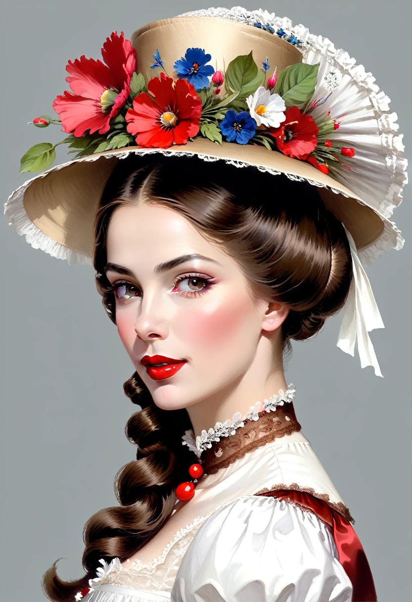 Hungarian Victorian Women Women 19th century, brown hair, (beautiful flower hat on head), red lips, good resource, Vadim Kashin, James Gurney, ink, splash art", remarkable beauty, Royo, after gender determination, super detailed splash art modern european ink painting