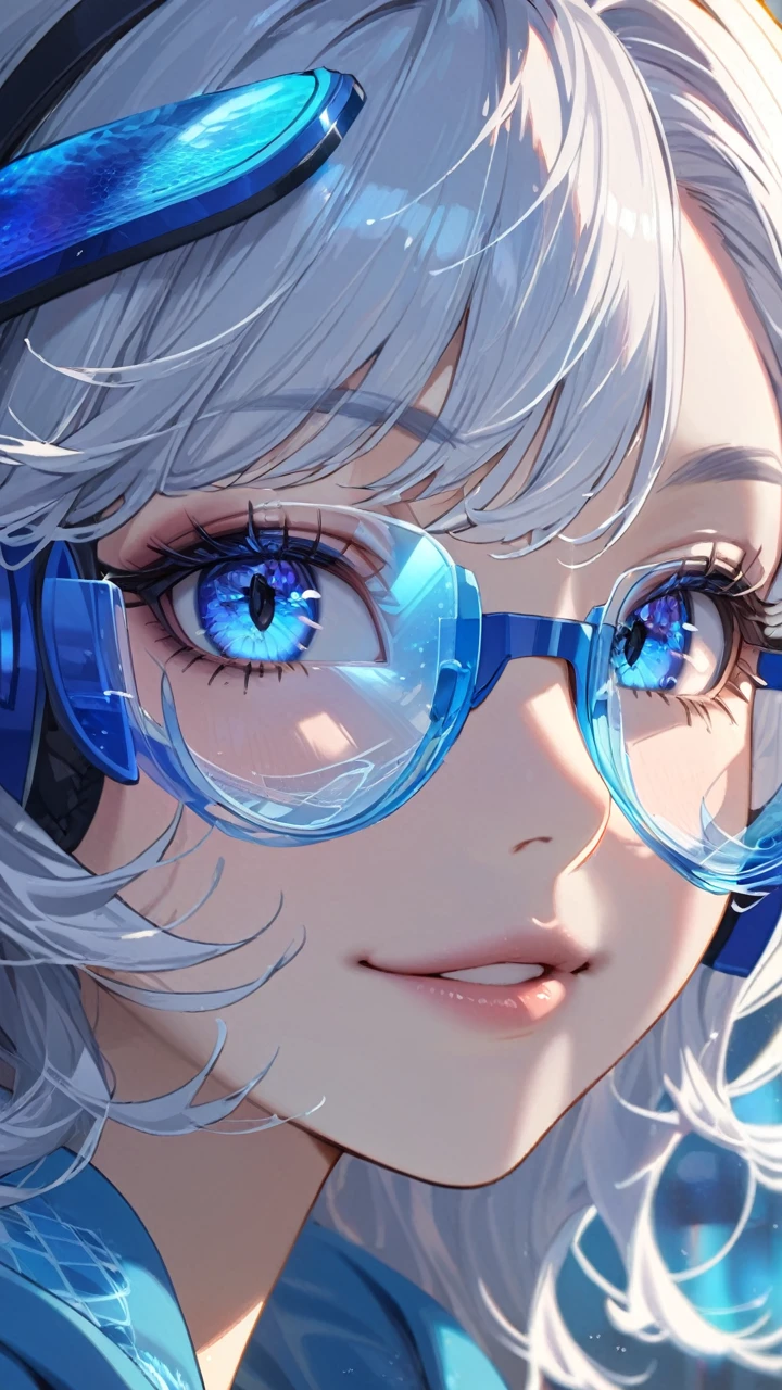 1girl, beautiful detailed eyes, beautiful detailed lips, extremely detailed eyes and face, long eyelashes, blue and white hair, blue hoodie with wave pattern, dynamic wavy hair, blue eyes, blue headphone, futuristic glasses ,smile futuristic