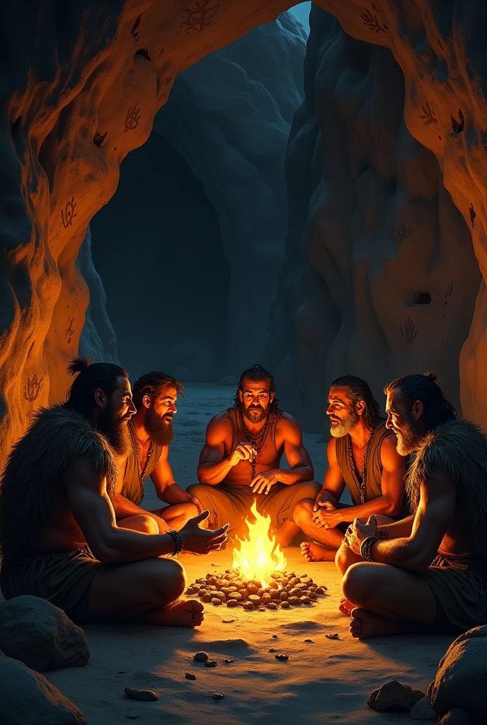 Neanderthal men drinking tea