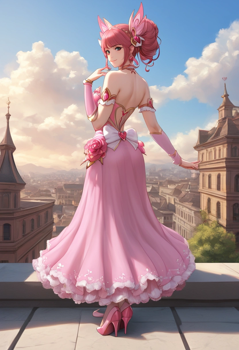 On the rooftop of a building at dusk　Keep your arms horizontal and bend them inwards、Twist something together in your hands　Staring at me with an evil smile　Wearing a pink magical girl costume２０The most beautiful woman of the 20th century　Slender figure　)(8k, High resolution, Best Quality, image quality&#39;Ultra HD Images, Ultra-realistic, Best Quality:1.2) ｃCup Bust:1.1)　Full body view　Look back here