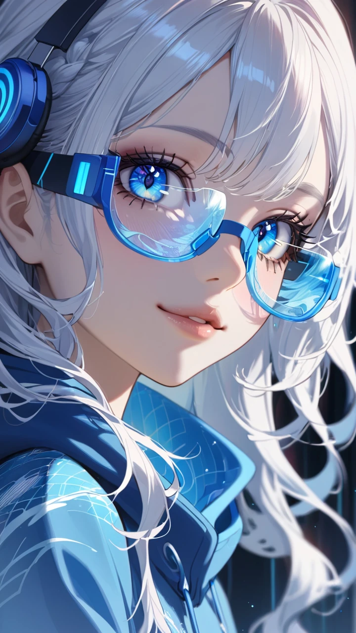 1girl, beautiful  eyes, beautiful  lips,  detailed eyes and face, long eyelashes, blue and white hair, blue hoodie with wave pattern, dynamic wavy hair, blue eyes, blue headphone, futuristic glasses ,smile futuristic