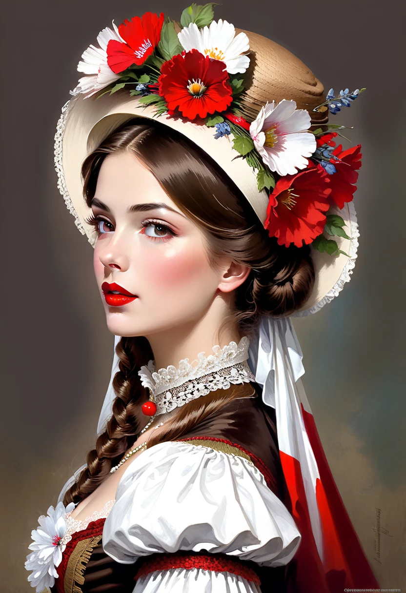 Hungarian Victorian Women Women 19th century, brown hair, (beautiful flower hat on head), red lips, good resource, Vadim Kashin, James Gurney, ink, splash art", remarkable beauty, Royo, after gender determination, super detailed splash art modern european ink painting