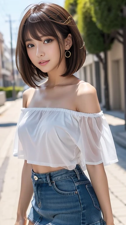 ((top-quality、8K、masterpiece: 1.3))、Perfect Body Beauty: 1.4、Slender Abs: 1.2、Beautiful woman with slender abs:1.3、(Highlight Haircuts、Breast A Cup:1.2), small breast, round shape breast, perfect shape breast, ((( black silk pencil skirt, white shirt, opened shirt , black bra))), pubic hair,hight pubic bone, simple necklace, hyperdetailed face、18year old、 Pretty women、(Dark brown short-cut hair), Slim Face、Highly detailed facial and skin texture、very detailed lips、opens legs、top-quality、masterpiece、超A high resolution、(Photorealsitic:1.4), walked forward confidently, spreading her arms, long shot , (outdoor), bright background, sunset light,