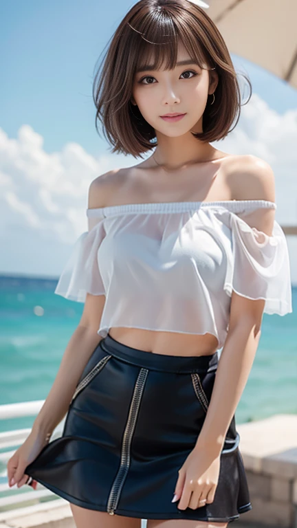 ((NSFW)),(highest quality、masterpiece、8k、Best image quality、Hyperrealism、Award-winning works)、1 girl、(shout with a surprised face:1.1)、(Shocked facial expression:1.1)、((Pink areola,Nipple protrusion shows through,(Pure white thin off-shoulder see-through tank top:1.2),(Deep cleavage,Ample breasts))、((A tight-fitting pure white pleated mini skirt fluttering in the wind:1.2))、((White lace panties))I can see、(A strong wind is blowing:1.2)、(Perfect skirt swaying in the wind:1.2)、((A perfect skirt fluttering in the wind:1.2))、(The skirt flips up and the underwear is visible:1.4)、Full body photo、(The detailed and complex background of Shibuya city:1.3)、Accurate anatomy、Perfect Makeup、Long eyelashes、Glossy Lips、Ultra-high definition glossy skin、(Ultra-high definition, bright and beautiful skin:1.1)、超高精細のGlossy Lips、Ultra-high definition beautiful teeth,Above the knee shot,