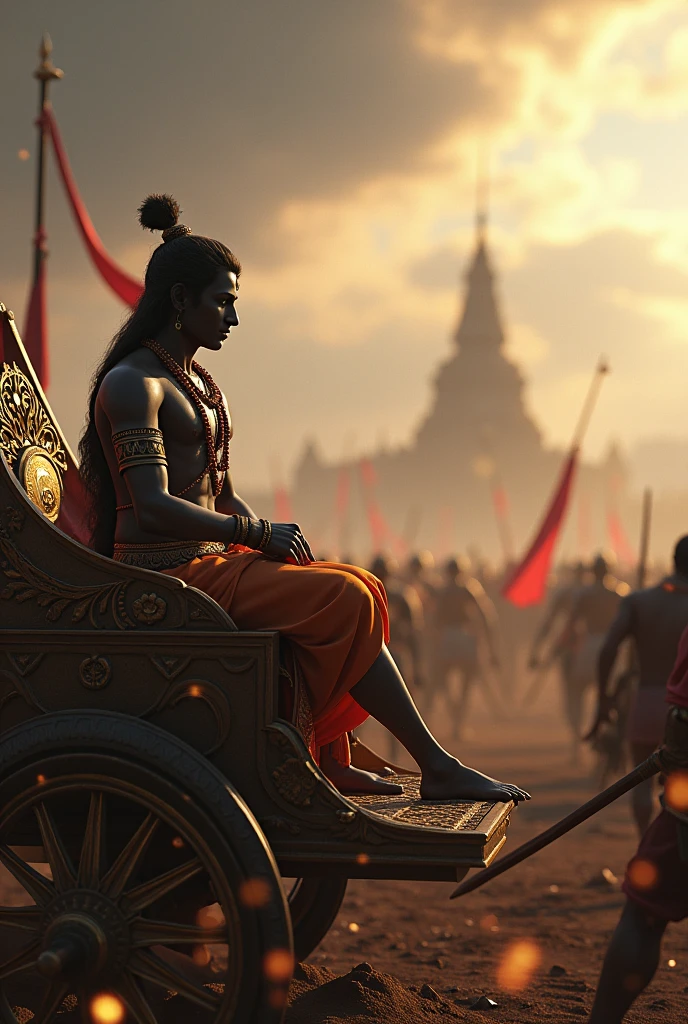 Lord krishna standing alongwith Arjun in battlefield and lecturing him , both are sitting on a chariot, both are of same height,krishna pointing his hands towards battle, both looking in same direction towards the battlefield, dynamic lighting, mythology imagination