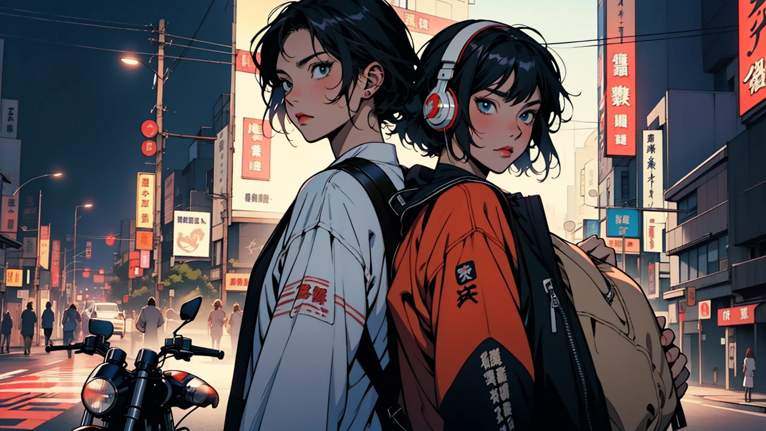 ((masterpiece)), (best quality), official art, extremely detailed CG, unity 8k wallpaper, ultra detailed, highly detailed, 1 anime girl on a motorcycle with a backpack on her back, headphones,Tokyo street , night, style anime, by Yamagata Hiro, beautiful anime high school girl, by Yoshihiko Wada, clean detailed anime art, style of hajime isayama, anime style 4 k, anime visual of a cute girl, anime style illustration, by Narashige Koide, by Harumi Hironaka