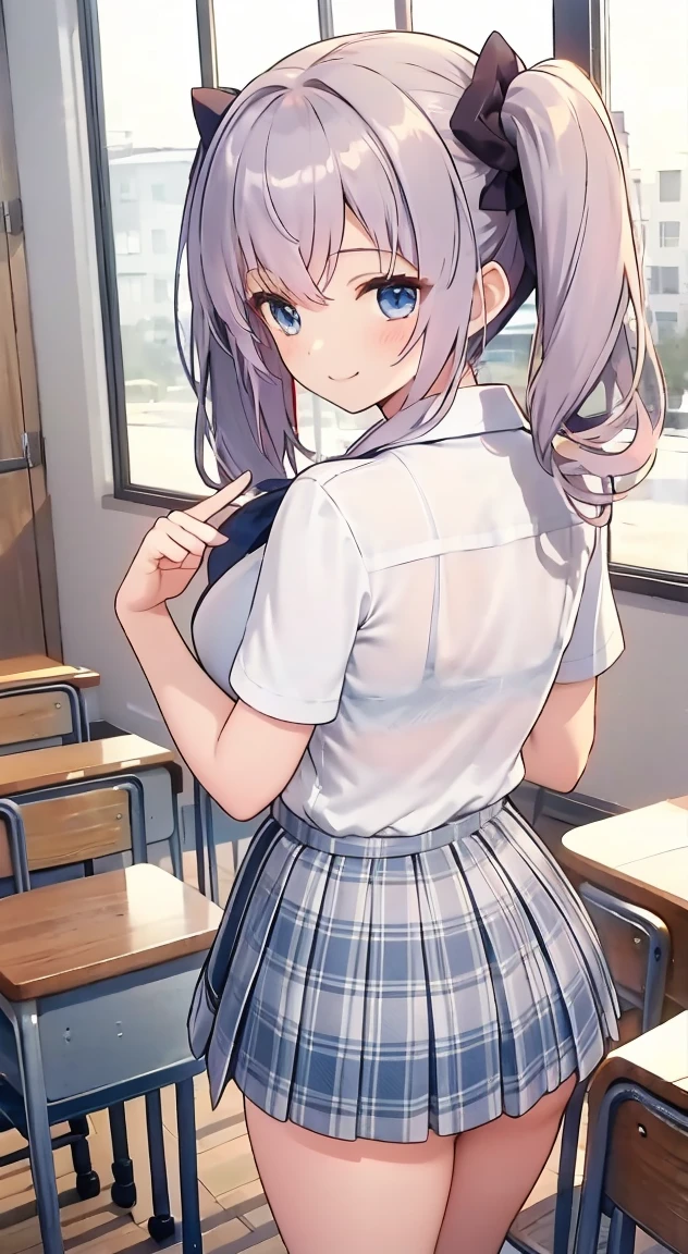 Highest quality,masterpiece,One Person,Blonde,Twin tails,Schoolgirl uniform,Short sleeve,mini skirt,Large Breasts,smile,classroom,see through ,summer ,Micro mini scart,Tie your hands behind your back,see through bra,Perfect Fingers,