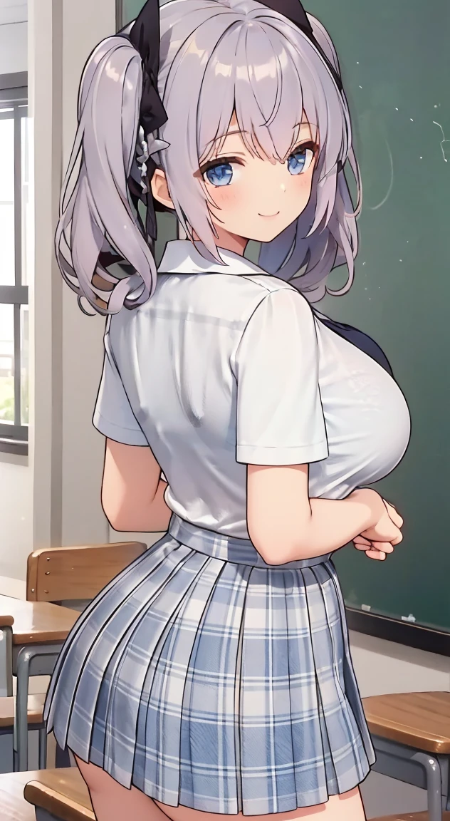 Highest quality,masterpiece,One Person,Blonde,Twin tails,Schoolgirl uniform,Short sleeve,mini skirt,Large Breasts,smile,classroom,see through ,summer ,Micro mini scart,Tie your hands behind your back,see through bra,Perfect Fingers,