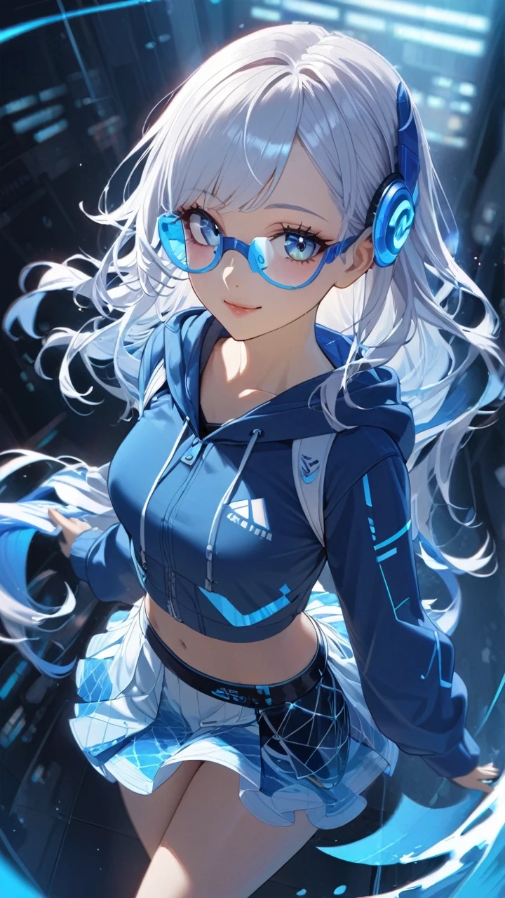 1girl, beautiful  eyes, beautiful  lips, blue and white hair, blue hoodie with wave pattern, dynamic wavy hair, blue eyes, blue headphone, futuristic glasses ,smile futuristic,  futuristic skirt ,skirt 