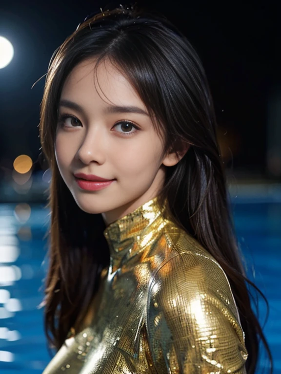 Latex bodysuit、Knee-high boots、Huge 、Long brown hair、Shiny, Oily skin、Glowing Skin、Indoor competition pool、White skin、 Body Portrait, 8k, Narrow and beautiful eyes, Dindal effect, masterpiece, 最high quality, high quality, High resolution, Very detailed photos, (Natural skin texture, Fine skin, Hyperrealism, Ultra Sharpness) , Skin with attention to detail, (Very fine, Fine skin texture, Intricate details, Beautiful Face, (A vivid face), Realistic eyes, Beautiful and detailed, Realistic Skin, Beautiful Skin, surreal, Very detailed, Golden Ratio, Smiling Eyes, ((Night moonlight background)), Body Portrait, glamorous, Shiny Bodysuit