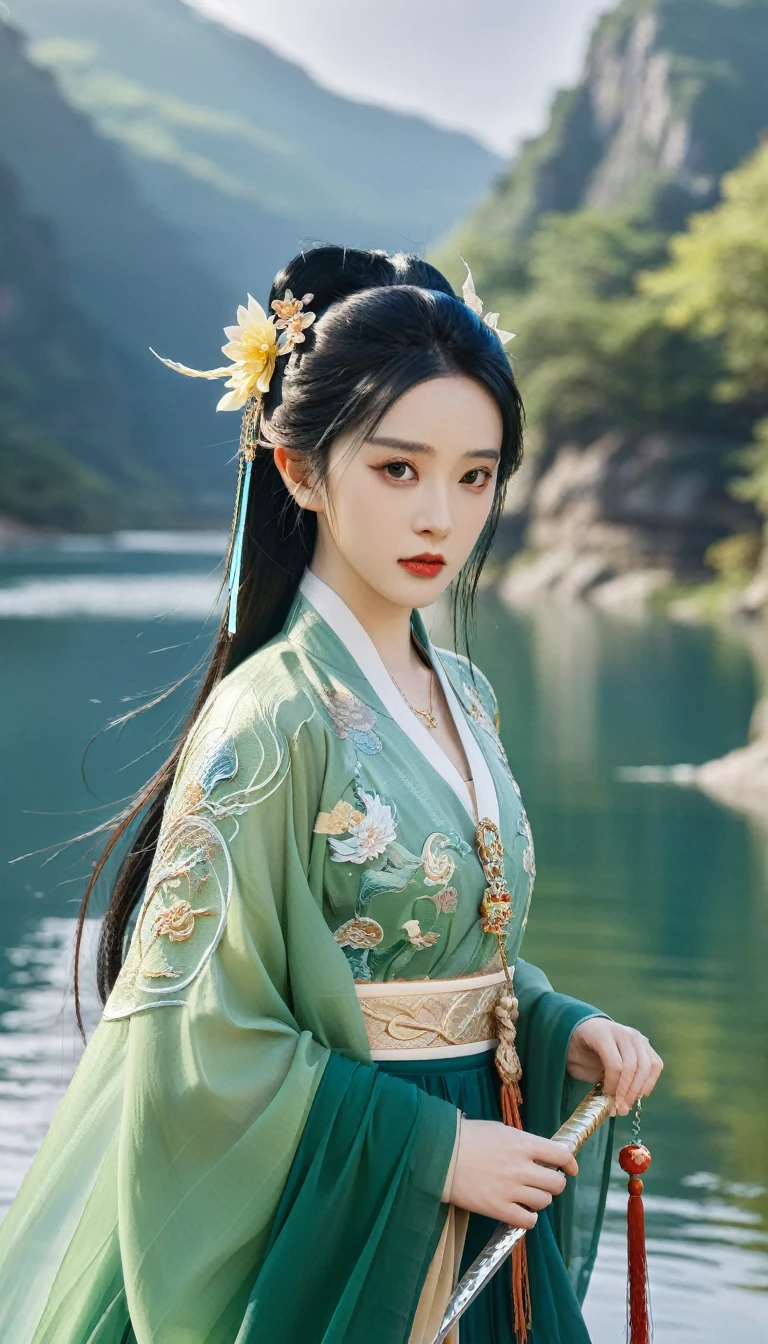 Super fine 8k,The best,Very detailed,masterpiece,actual,Rich details,photorealism,1 girl,hair accessories,water,dragon,water流,Long-term hair,(Long-term_[sword:1.2),Gorgeous belt,jewelry,earrings,black hair,[sword,Upper Body,skirt,flower,[tassel,Mountain,[lake,Chinese clothes,forehead mark,green skirt,horn,Long-term sleeves,hair flower,