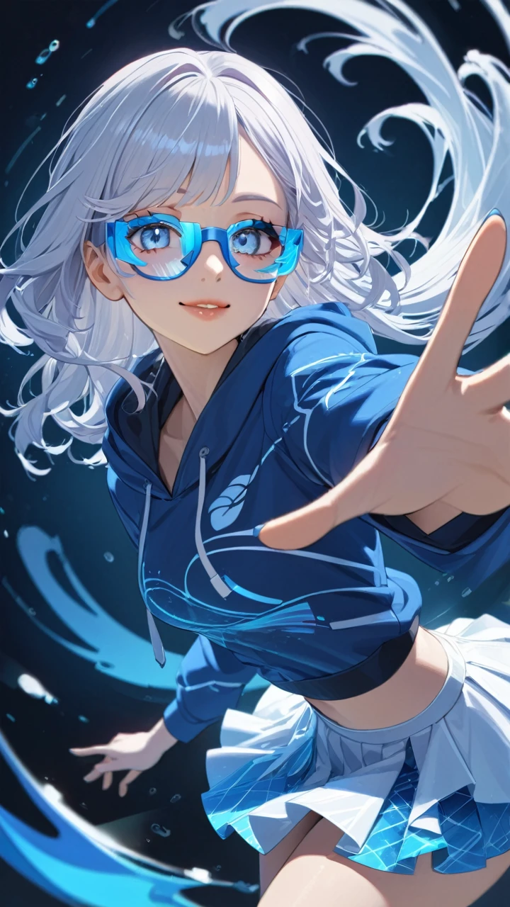 1girl, beautiful  eyes, beautiful  lips, blue and white hair, blue hoodie with wave pattern, dynamic wavy hair, blue eyes, futuristic glasses ,smile, futuristic,  futuristic skirt ,skirt 