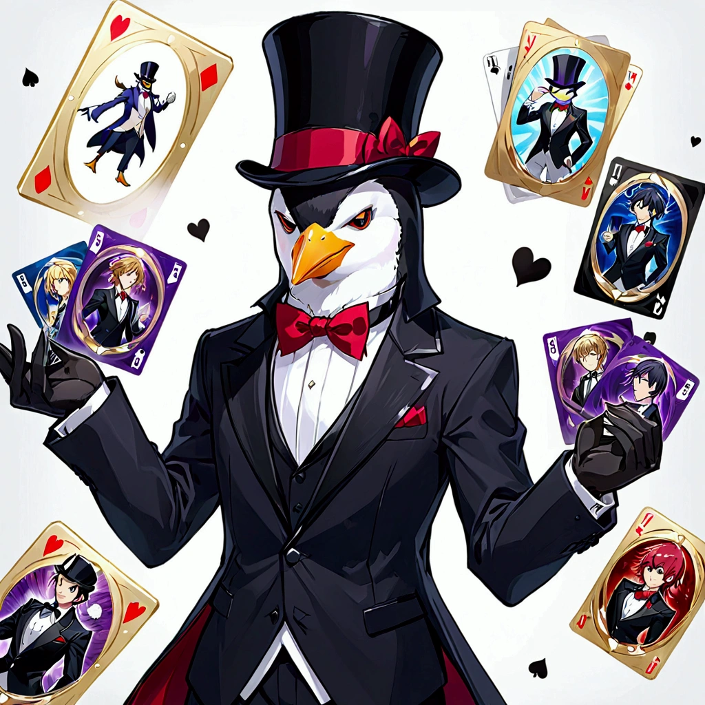 strange head,car head, solo, 1boy,male focus, gloves, necktie, heart, white gloves, tailcoat, long sleeves, aura, card, pants, hand on hip, puffy sleeves, simple background, club \(shape\), vest,no humans