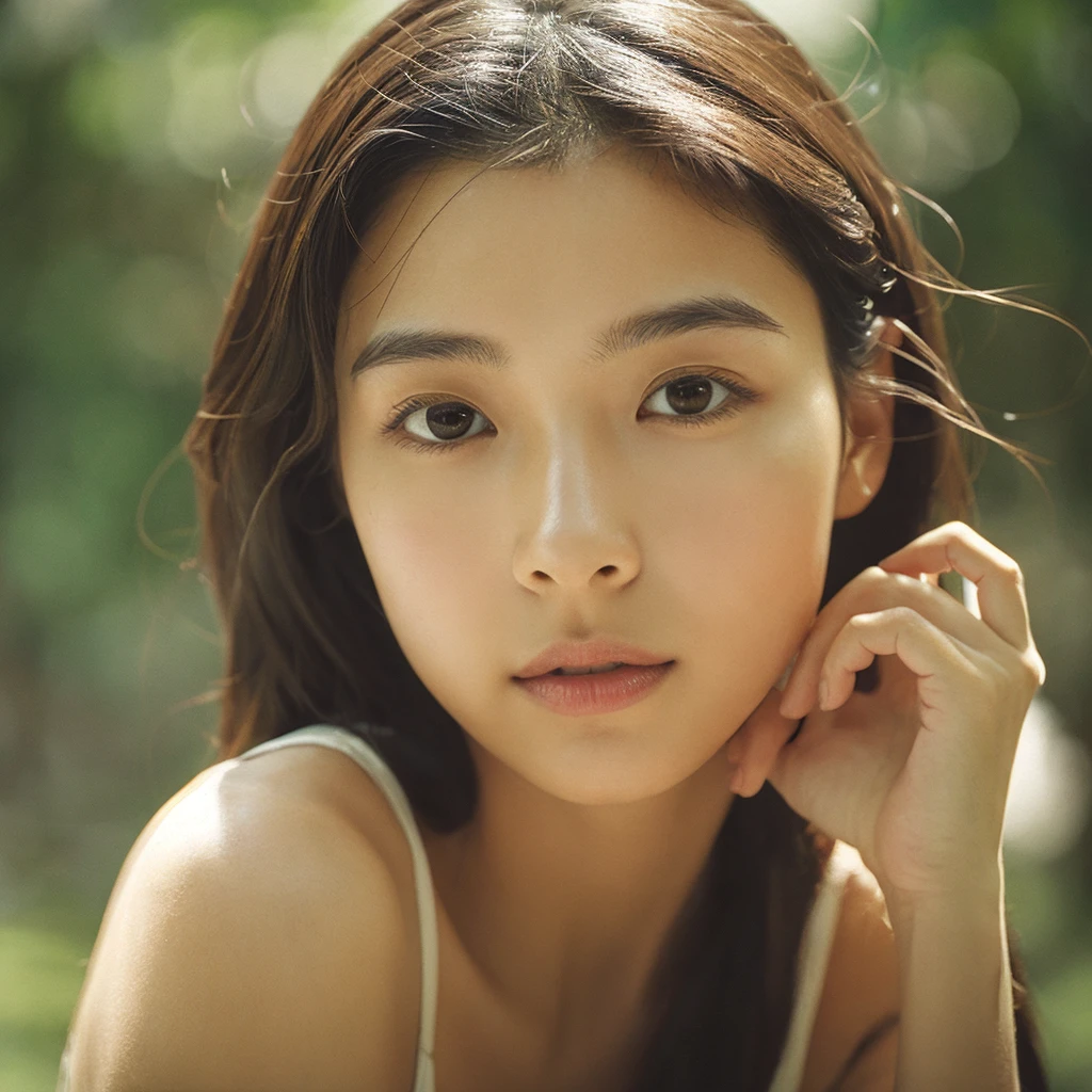 A hyper-realistic image of a single Japanese woman in her early 20s, captured with the nostalgic warmth and subtle graininess of a film camera. Her skin has a warm beige tone with a natural, slightly rough texture that includes visible pores, fine lines, and subtle imperfections such as small blemishes, adding to the authenticity of her appearance. The soft, diffused natural light enhances the film-like quality, casting gentle shadows that create a timeless, organic feel. Her straight, glossy black hair frames her face in a natural, slightly tousled manner, and her deep brown eyes reflect the ambient light, adding depth and emotion. The film camera effect introduces a slight grain and a softer focus, giving the image a warm, nostalgic atmosphere while maintaining the realistic texture of her skin. She is dressed simply, in a way that complements her natural beauty, with the overall composition designed to evoke a sense of genuine, understated elegance. The use of natural light, combined with the deliberately rougher texture of her skin and the film-like qualities, ensures that this image captures the imperfections that make her beauty truly lifelike, focusing solely on this one individual.