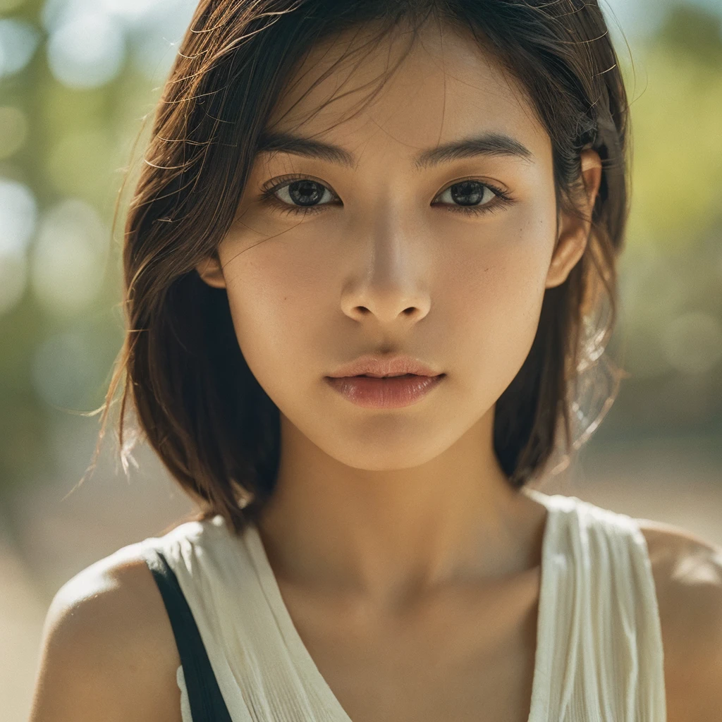 A hyper-realistic image of a single Japanese woman in her early 20s, captured with the nostalgic warmth and subtle graininess of a film camera. Her skin has a warm beige tone with a natural, slightly rough texture that includes visible pores, fine lines, and subtle imperfections such as small blemishes, adding to the authenticity of her appearance. The soft, diffused natural light enhances the film-like quality, casting gentle shadows that create a timeless, organic feel. Her straight, glossy black hair frames her face in a natural, slightly tousled manner, and her deep brown eyes reflect the ambient light, adding depth and emotion. The film camera effect introduces a slight grain and a softer focus, giving the image a warm, nostalgic atmosphere while maintaining the realistic texture of her skin. She is dressed simply, in a way that complements her natural beauty, with the overall composition designed to evoke a sense of genuine, understated elegance. The use of natural light, combined with the deliberately rougher texture of her skin and the film-like qualities, ensures that this image captures the imperfections that make her beauty truly lifelike, focusing solely on this one individual.