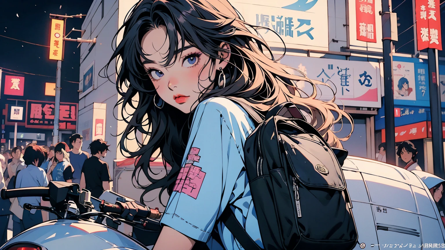 ((masterpiece)), (best quality), official art, extremely detailed CG, unity 8k wallpaper, ultra detailed, highly detailed, 1 anime girl on a motorcycle with a backpack on her back, headphones,Tokyo street , night, style anime, by Yamagata Hiro, beautiful anime high school girl, by Yoshihiko Wada, clean detailed anime art, style of hajime isayama, anime style 4 k, anime visual of a cute girl, anime style illustration, by Narashige Koide, by Harumi Hironaka