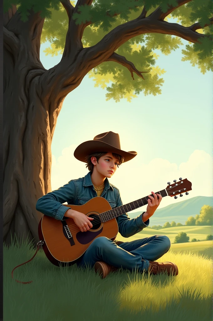 Big tree at night , a corral  , Sad young man with hat playing a guitar on a chair and smoking and drinking beer  ,and bales of pasture  , a river 
