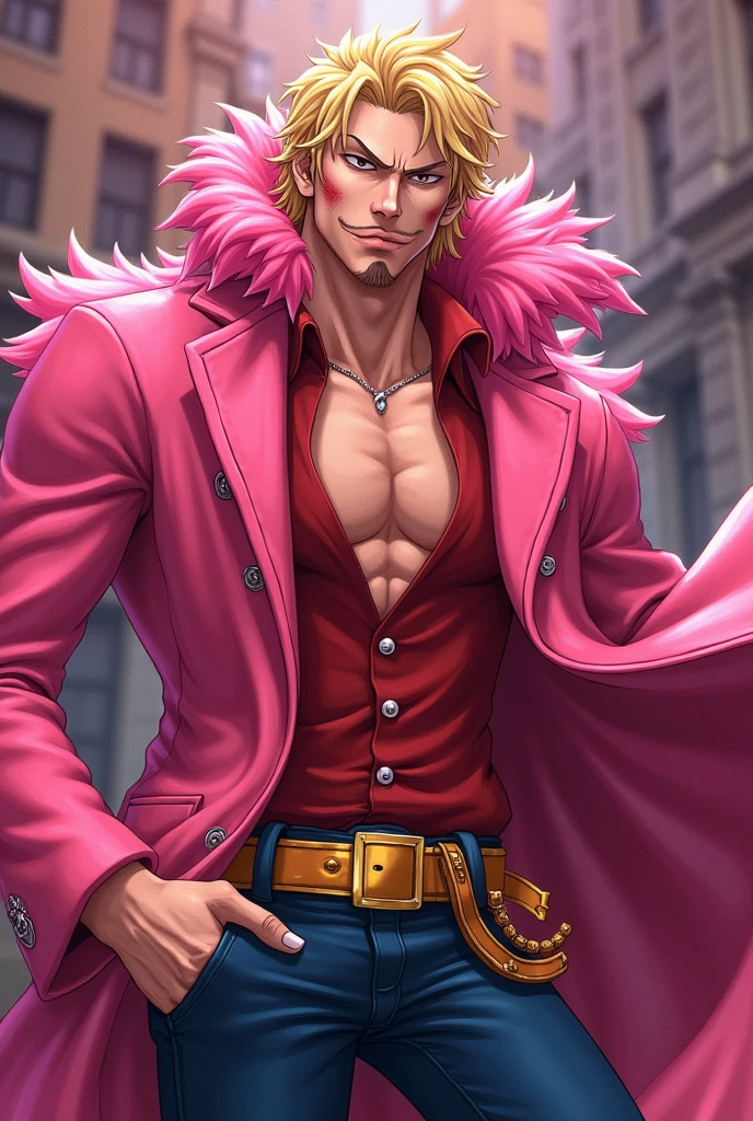 ((masterpiece:1.4, best quality)), ((masterpiece, best quality)), (photo realistic:1.4), male, muscle male, doflamingo, boa_coat, sunglasses, blonde_hair, open shirt, (pointed sunglasses), veins, smiling, pirate ship, sky, jump, dynamic pose, beast pose, professional lighting, physically-based rendering