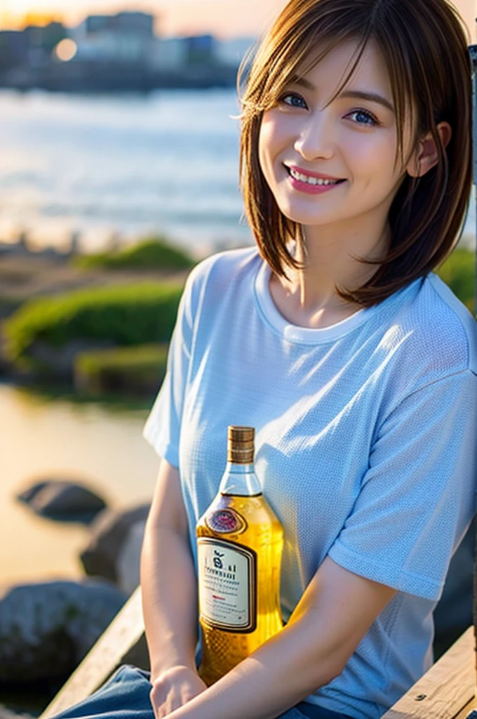 (Realistic, 超Realistic:1.4), 16K HDR, High resolution,Brown short hair,The best smile、Japanese Actress,so beautiful(It looks like the real thing),Short sleeve dress,Whiskey Bottle、The Macallan、Johnnie Walker、、Old Parr、whiskey、Suntory、nick、Slim couple、Model Couple、(Realistic, Intricate details:1.2), Full course dinner、Whiskey bottle and glass on the table、Single Malt、scotch、Rocks glass、Shot Glasses、Whisky on the Rock、Scotland、Amazing view of the sunset sky and clouds、,Digital SLR camera, Soft lighting, Detailed Background, Written boundary depth, Volumetric lighting, Sharp focus, super Realistic 肌,so beautiful表現です,Cloud Effect:1.2、プロ品質のHigh resolution、Realistic facial features,Best Quality,Slim figure,Highly detailed face,Detailed eyes,Beautiful Lips,Excellent light particles,Cinema Lighting,blue eyes,