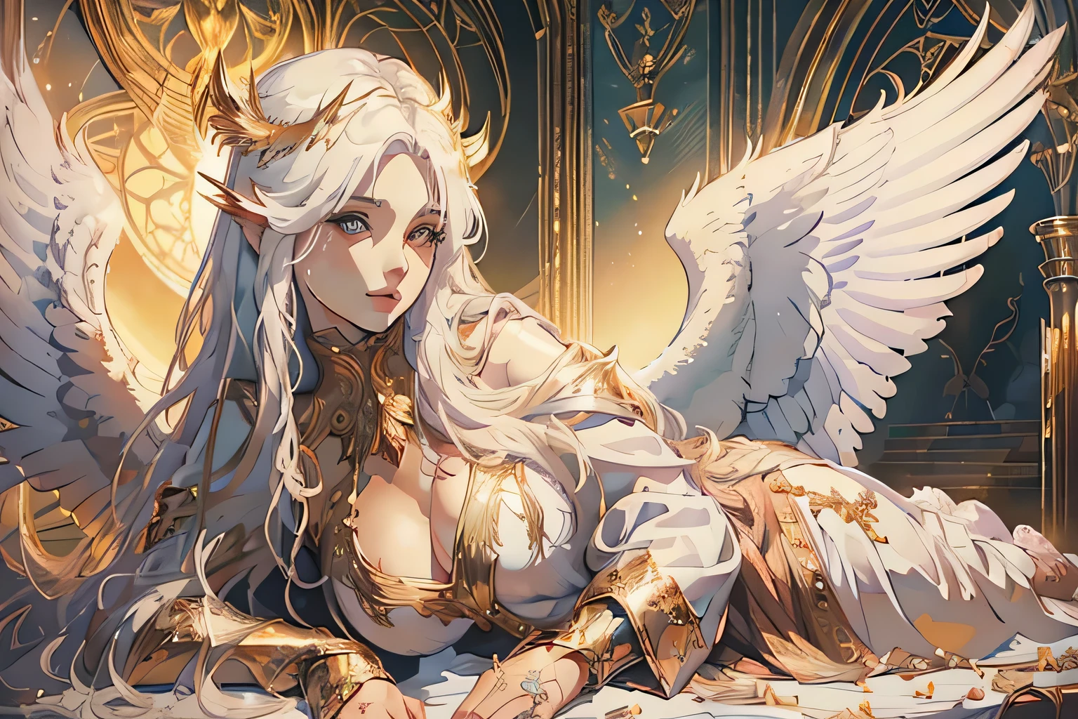 a winged person,1 female angel,beautiful detailed eyes,beautiful detailed lips,extremely detailed face and skin,long eyelashes,white feathered wings,long flowing hair,elegant flowing dress,serene expression,heavenly light,golden glowing aura,cinematic lighting,dramatic shadows,vibrant colors,soft pastel palette,magical fantasy,digital art,(best quality,4k,8k,highres,masterpiece:1.2),ultra-detailed,(realistic,photorealistic,photo-realistic:1.37)